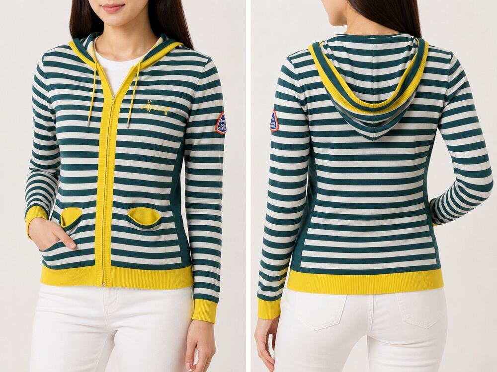 Louis Castel Womens Striped Hooded Zip Cardigan Size 90 (Est. XS/S) Athleisure